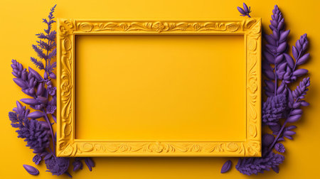 the vibrant yellow mockup showcases a beautiful violet frame, perfectly capturing the essence of contrasting colors, adding a touch of elegance and sophistication to any design, ideal for creative projects, branding, and visual communications. ai generatedの素材