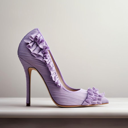 "lavender heels stand out against a soft, linen-textured background in this 3d rendering, showcasing the intricate details of the stiletto design, perfect for fashion enthusiasts and designers looking for inspiration in shoe design, texture, and color palette.", ai generatedの素材