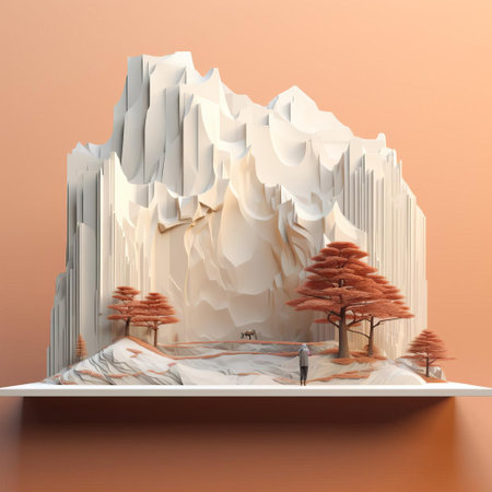 mountainous landscape stretches across the horizon, a serene minimalist 3d scene featuring rolling hills, sparse trees, and a vast expanse of sky, evoking a sense of calmness and tranquility, perfect for digital art enthusiasts and fans of simplistic scenery. ai generatedの素材