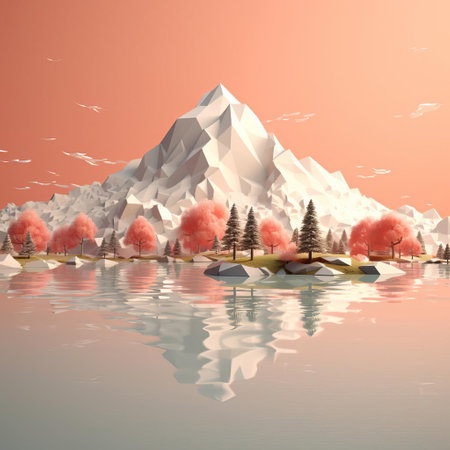 mountainous landscape unfolds as a minimalist 3d composition, featuring rolling hills, serene lakes, and sparse trees, evoking a sense of calmness and tranquility, perfect for digital art enthusiasts and fans of simplistic, modern design, ideal for wallpapers and backgrounds. ai generatedの素材