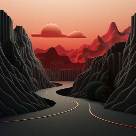 mountainous landscape stretches across the horizon, a serene minimalist 3d scenery featuring rolling hills, sparse trees, and a vast blue sky, evoking a sense of calmness and tranquility, perfect for digital art, computer-generated imagery, and futuristic design inspiration. ai generatedの素材