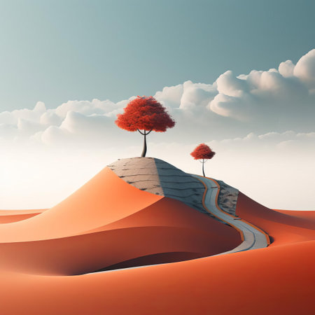 mountainous landscape stretches across the horizon in this stunning minimalist 3d digital artwork, featuring rolling hills, serene lakes, and towering trees, evoking a sense of tranquility and calmness, perfect for nature lovers and fans of simple, modern design. ai generatedの素材