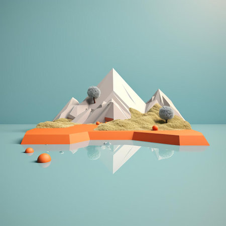 mountainous landscape stretches across the horizon, simplified to its essence in a stunning minimalist 3d representation, evoking a sense of serenity and calmness, with rolling hills, gentle slopes, and subtle textures, perfect for a modern digital art collection or futuristic design project. ai generatedの素材