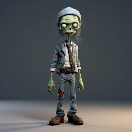 the undead minimalist 3d character, a zombie, stands eerily still, its skeletal frame and tattered clothes a testament to its post-apocalyptic existence, perfect for horror-themed animations, video games, and digital art, showcasing a haunting blend of simplicity and terror. ai generatedの素材