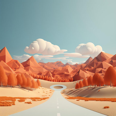 mountainous landscape stretches across the horizon, a serene minimalist 3d scene featuring rolling hills, sparse trees, and a vast blue sky, evoking a sense of calmness and tranquility, perfect for nature lovers and fans of simple, modern digital art. ai generatedの素材