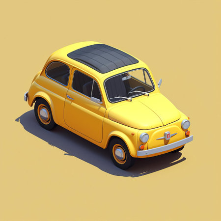 the fiat 500, a stylish and compact city car, is showcased in a stunning isometric view, highlighting its sleek design, curved lines, and vibrant color, perfect for urban driving and parking in tight spaces, ideal for city dwellers and car enthusiasts alike. ai generatedの素材