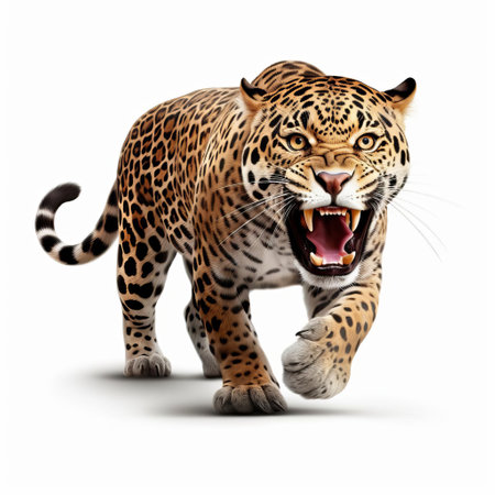the majestic jaguar, a powerful and agile predator, is showcased in stunning detail in this 3d render, set against a crisp white background, highlighting its sleek fur, sharp claws, and piercing eyes, evoking a sense of wild beauty and ferocity in a digital art masterpiece. ai generatedの素材