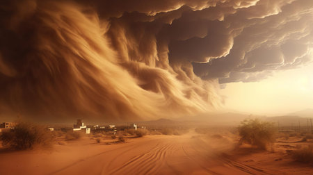 dust storm sweeps across the desert landscape, engulfing everything in its path, as massive clouds of orange and brown dust swirl violently, reducing visibility to near zero, and threatening to consume all in its wake, amidst a backdrop of ominous, darkening skies. ai generatedの素材