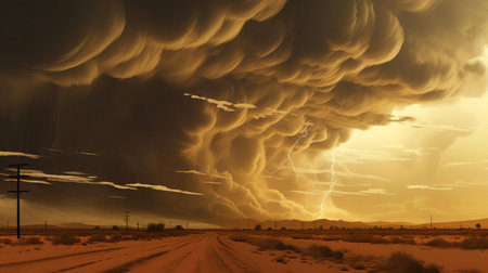 dust storm sweeps across the desert landscape, engulfing everything in its path, as massive clouds of orange and brown dust swirl together, reducing visibility to near zero, with strong winds whipping up debris and sand particles, creating an otherworldly atmosphere of chaos and destruction. ai generatedの素材