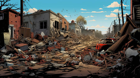 debris accumulation is humorously depicted in this comic image, showcasing a cluttered city street littered with trash, discarded furniture, and broken appliances, highlighting the consequences of reckless waste disposal and the importance of sustainable living and recycling practices in urban environments. ai generatedの素材