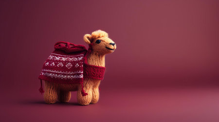 the camel toy, crafted from soft maroon knitted fabric, sits proudly against a rich maroon background, showcasing its adorable features and intricate stitching, perfect for a nursery decoration or as a cuddly companion for kids who love animals and soft toys. ai generatedの素材