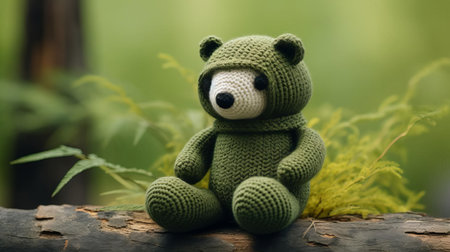 the adorable olive knitted panda toy sits serenely against a soothing olive background, showcasing its intricate stitching and cuddly design, perfect for panda lovers and fans of handmade knitted toys, adding a touch of softness and warmth to any nursery or home decor. ai generatedの素材