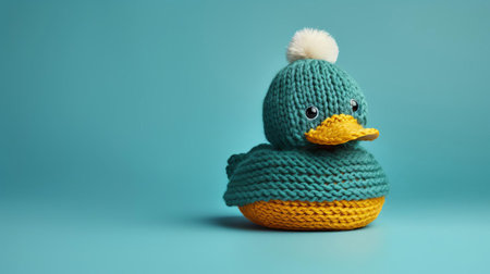 the adorable teal knitted duck toy sits proudly against a vibrant teal background, showcasing its intricate stitching and soft, plush texture, making it a delightful addition to any nursery or child's playroom, perfect for imaginative play and snuggles. ai generatedの素材