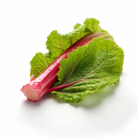 fresh rhubarb stalks are beautifully showcased against a crisp white background in this stunning product photography, highlighting the vibrant pink and green hues of the vegetable, perfect for use in cookbooks, food blogs, or advertising campaigns focused on healthy eating and farm-to-table cuisine. ai generatedの素材