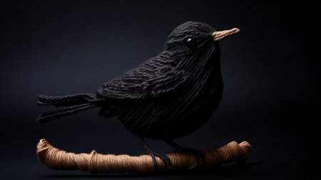 the bird toy, a charming black knitted figurine, perches against a sleek black background, showcasing its intricate details and textures, perfect for bird lovers and enthusiasts of handmade knitted crafts, adding a touch of whimsy to any room's decor. ai generatedの素材