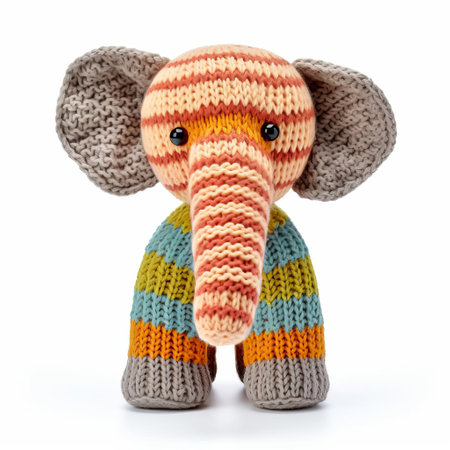 this adorable knitted elephant, isolated on a pristine white background, showcases intricate stitching and vibrant colors, making it a perfect addition to any nursery or child's room, evoking feelings of warmth and playfulness, while also highlighting the art of handmade craftsmanship and textile design. ai generatedの素材