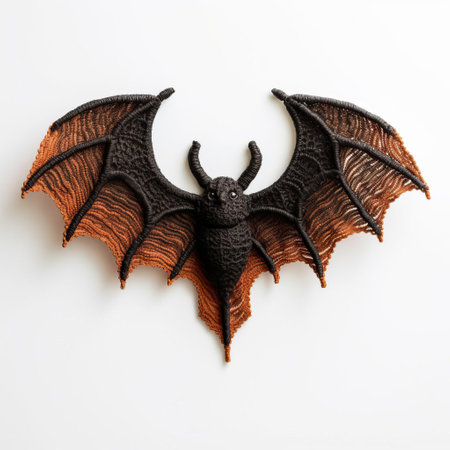 the knitted bat, with its intricate stitching and soft texture, sits isolated on a pristine white background, showcasing its adorable features and vibrant colors, perfect for craft enthusiasts, diy projects, and textile art inspiration, evoking a sense of coziness and warmth. ai generatedの素材