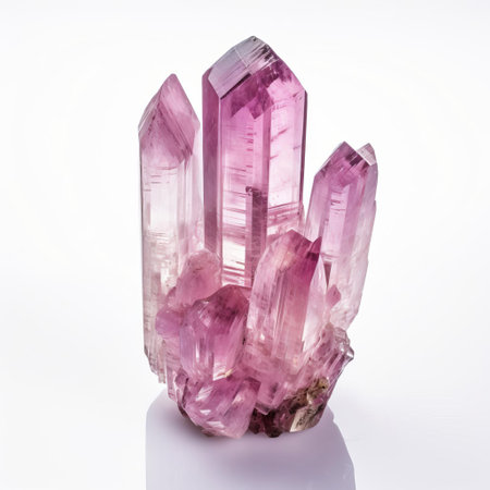 kunzite stone glimmers with a soft, serene beauty against a pristine white background, showcasing its delicate pink to lilac hues, characteristic of this rare and precious gemstone, often used in jewelry and prized for its calming, soothing energy and unique crystal structure. ai generatedの素材