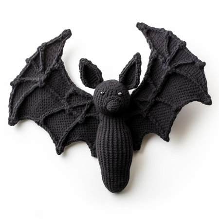the knitted bat, a delightful handmade creation, sits isolated on a pristine white background, showcasing its intricate stitching and vibrant colors, perfect for craft enthusiasts and fans of whimsical decorations, adding a touch of handmade charm to any room's decor. ai generatedの素材