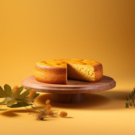 the ochre cake sits elegantly on a warm, earthy ochre background, showcasing its vibrant orange-brown hue, perfectly capturing the essence of autumnal tones in this stunning 3d render, ideal for food bloggers, designers, and anyone seeking rustic, natural inspiration. ai generatedの素材
