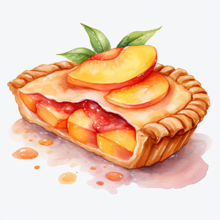 peach pie watercolor clipart sits beautifully on a crisp white background, showcasing its vibrant colors and delicate details, perfect for adding a touch of warmth and coziness to your baking-themed designs, recipes, and summer-inspired projects, evoking feelings of nostalgia and comfort food. ai generatedの素材