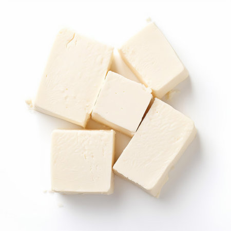 tofu takes center stage in this stunning minimalist photograph, set against a clean white background that accentuates its pure white color and smooth texture, evoking a sense of simplicity, elegance, and serenity, perfect for healthy food, vegan, and vegetarian enthusiasts. ai generatedの素材