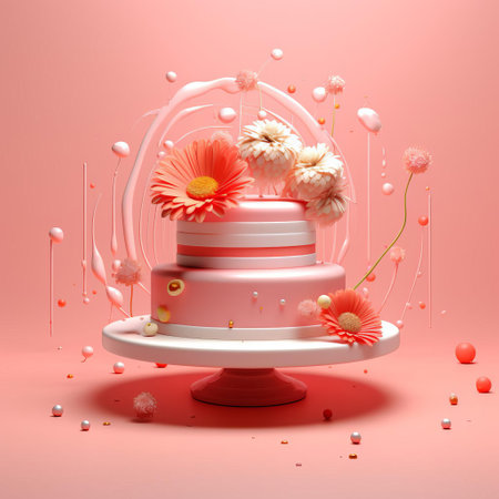 the coral pink cake stands out against a vibrant coral pink background in this stunning 3d render, showcasing the beauty of pastel hues and modern digital art, perfect for food bloggers, party planners, and anyone who loves sweet treats and trendy aesthetics. ai generatedの素材