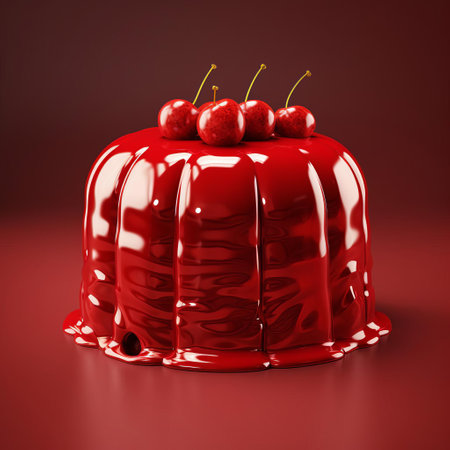 the ruby cake sits majestically against a rich, velvety ruby background, its moist texture and delicate crumbs expertly captured in this stunning 3d render, evoking feelings of luxury and sophistication, perfect for any dessert lover's dream come true. ai generatedの素材