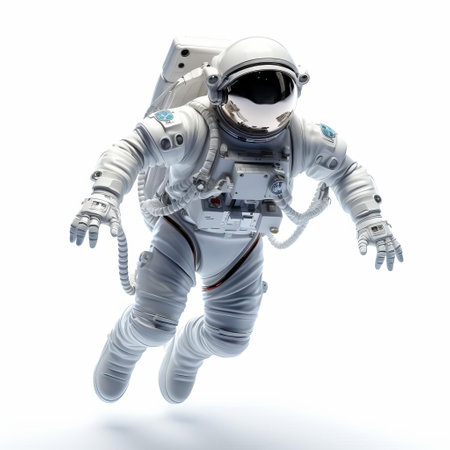 the astronaut, clad in a sleek white spacesuit, floats majestically in mid-air against a pristine white background, showcasing intricate 3d modeling details and textures, perfect for space exploration and futuristic design concepts, evoking a sense of adventure and discovery. ai generatedの素材