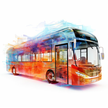 a bus, crafted through algorithmic art, sits isolated on a pristine white background, showcasing a mesmerizing blend of technology and creativity, perfect for transportation and futuristic design enthusiasts, with its sleek lines and vibrant colors popping against the clean backdrop. ai generatedの素材