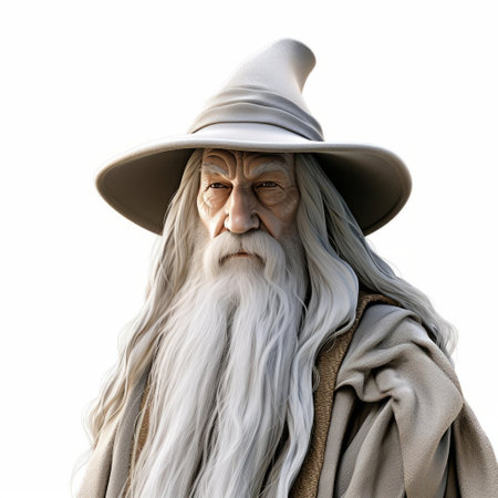 gandalf, the wise and powerful wizard from j.r.r. tolkien's middle-earth, stands majestically against a pristine white background in this stunning 3d rendering, showcasing his iconic long grey beard and staff, evoking a sense of fantasy and adventure in high-fantasy fiction and mythology. ai generatedの素材