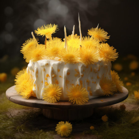 the dandelion cake sits beautifully against a vibrant dandelion background, showcasing its delicate petals and bright yellow center in a stunning 3d render, perfect for spring-inspired baking and decorating ideas, highlighting the beauty of nature in culinary art. ai generatedの素材