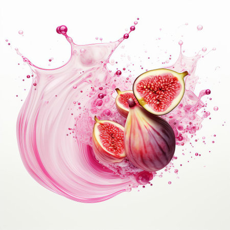 figs stand out against a dynamic splash of pink paint, featuring fluid brushstrokes and splatters that evoke a sense of energy and movement, creating a visually striking representation of the fruit, with the bold and expressive abstract background adding a touch of drama and flair to the still life photography. ai generatedの素材