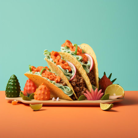 a vibrant taco sits atop a separate base-29 plate on a coral-hued background, showcasing its fresh ingredients and bold flavors, perfect for a delicious mexican-inspired meal, with four distinct sections waiting to be devoured, against a warm and inviting coral-colored setting. ai generatedの素材