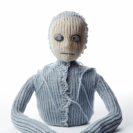 this knitted doppelganger, a handmade duplicate of a person, sits isolated on a pristine white background, showcasing intricate stitching and vibrant colors, perfect for craft enthusiasts, textile artists, and those who appreciate unique handmade creations, highlighting the beauty of knitting and duplication. ai generatedの素材