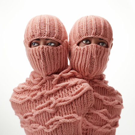 this knitted doppelganger, isolated on a pristine white background, showcases intricate textile artistry, evoking a sense of whimsy and playfulness, perfect for craft enthusiasts and fans of handmade toys, amigurumi, and knitting patterns, highlighting the beauty of handmade creations and fiber art. ai generatedの素材