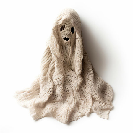 the poltergeist, a fictional character from a classic horror movie, is creatively reimagined as a knitted figurine, isolated on a pristine white background, showcasing intricate textile details and a spooky yet adorable charm, perfect for fans of horror and handmade crafts. ai generatedの素材