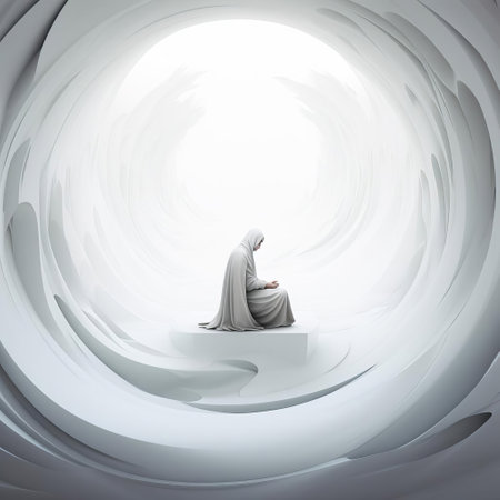 the woman sits in quiet contemplation, lost in thought, surrounded by a serene white background that amplifies her introspective mood, evoking feelings of calmness, serenity, and peacefulness, as she reflects on life's journey, embracing her emotions and inner self. ai generatedの素材