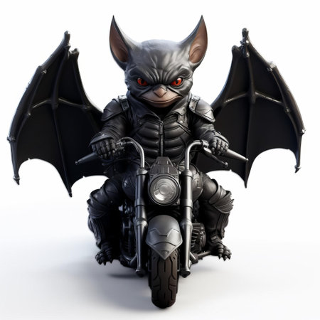 the bat perches comfortably on the sleek motorcycle, its 3d rendering showcasing intricate details, set against a crisp white background, evoking a sense of mystery and power, perfect for fans of dark fantasy and motorcycle enthusiasts alike, with a touch of gothic charm. ai generatedの素材