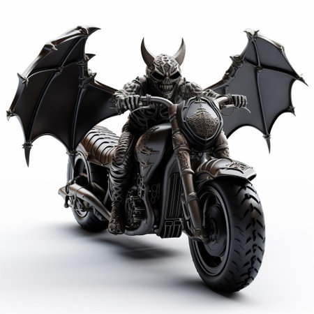 the bat perches confidently on a sleek motorcycle, its 3d rendering showcasing intricate details against a crisp white background, evoking a sense of mystery and power, perfect for fans of dark fantasy and motorcycle enthusiasts alike, with a touch of gothic charm. ai generatedの素材