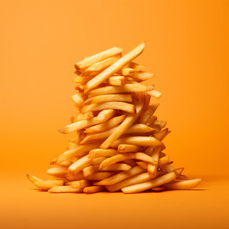 french fries, crispy and golden, are arranged in a separate octal pattern on a vibrant orange background, showcasing a creative and artistic take on a classic snack, perfect for foodies and photography enthusiasts alike, highlighting the beauty of everyday objects. ai generatedの素材