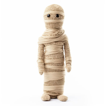 the knitted mummy, wrapped in soft yarn, sits isolated on a pristine white background, showcasing intricate stitching and vibrant colors, perfect for halloween decorations, diy craft projects, or nursery rhyme illustrations, evoking a sense of nostalgia and warmth. ai generatedの素材