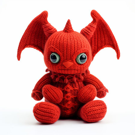 the knitted imp, a whimsical and endearing creature, sits isolated on a pristine white background, showcasing its intricate and colorful stitching, perfect for textile enthusiasts and crafty individuals looking for inspiration for their next knitting project or diy craft idea. ai generatedの素材