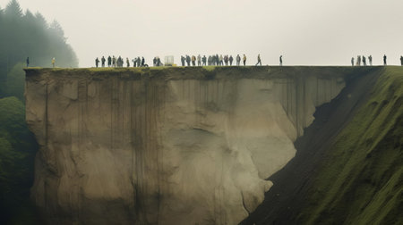 a landslide, triggered by heavy rainfall, sweeps through a mountainous region, capturing the devastating aftermath of a natural disaster, with massive rocks and debris scattered across the landscape, surrounded by lush green forests and rugged terrain. ai generatedの素材