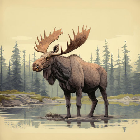 a majestic moose stands proudly in a serene forest landscape, its large antlers and gentle eyes depicted in a beautiful flat illustration style, showcasing the beauty of wildlife and the wonders of nature in a unique and captivating artistic representation. ai generatedの素材