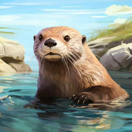 the otter, depicted in a whole and flat illustration, showcases its adorable features, with a soft fur texture and cute facial expression, highlighting its playful nature, often seen in wildlife photography, showcasing the beauty of nature and its fascinating creatures. ai generatedの素材