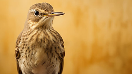 the american pipit, a migratory songbird, perches on a rustic fence post, its brown back and white underside feathers glistening in the sunlight, as captured in this high-quality 50mm passport photo, showcasing the bird's distinctive markings and gentle demeanor in its natural habitat. ai generatedの素材