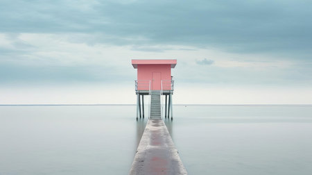 the modern tower's minimalist design, characterized by its flat roof and simple lines, is beautifully accentuated by a narrow walkway leading to its base, creating a sense of depth and perspective, while the soft, muted colors of the scene evoke a sense of calmness, tranquility, and serenity in this architectural wonder. ai generatedの素材