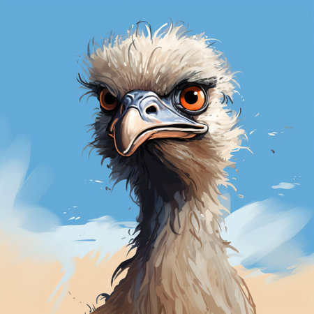 an ostrich stands proudly in the center of a flat illustration, showcasing its distinctive long neck, powerful legs, and soft feathery plumage, set against a clean white background, perfect for educational materials, children's books, or wildlife enthusiasts' collections. ai generatedの素材