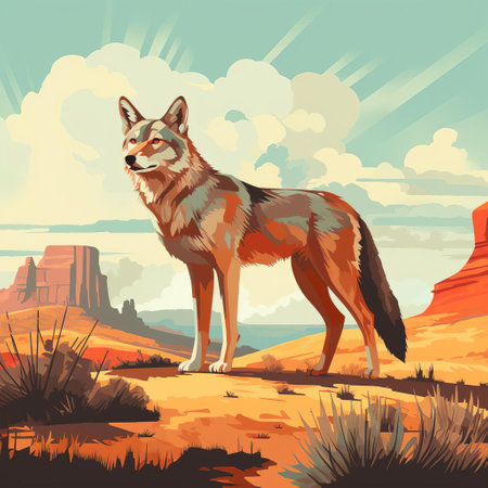 a coyote, depicted in a flat illustration style, stands proudly in its natural habitat, showcasing its gray and brown fur, pointy ears, and bushy tail, highlighting its adaptability in the wild, with a subtle blend of wilderness and wildlife elements. ai generatedの素材